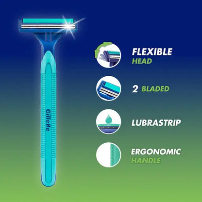 Blue Gillette razor with features listed on a gradient blue and green background