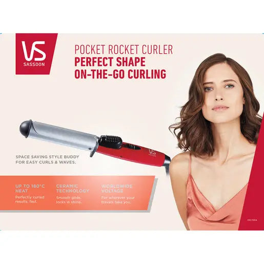 Pocket rocket curler with a woman and VS Sassoon branding on a beige background