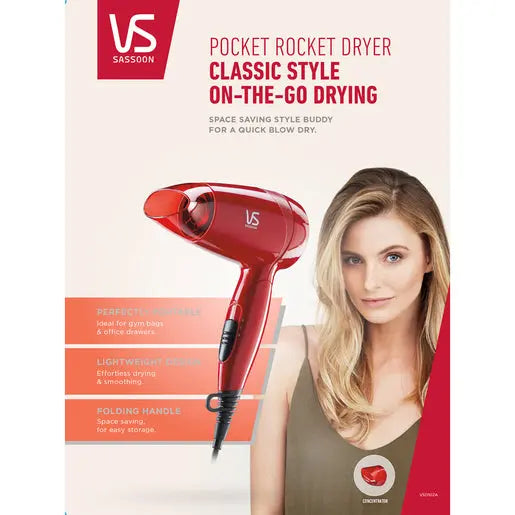 Red VS Sassoon pocket rocket dryer with a woman and product details on a beige background