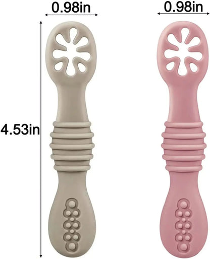 Two silicone utensils, one beige and one pink, with measurements indicated.
