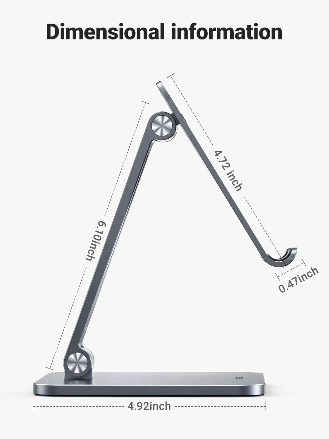 Measurement chart of a adjustable arm with dimensions on a white background