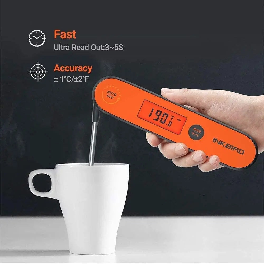 Digital thermometer measuring the temperature of a cup of coffee with features highlighted on a dark background.