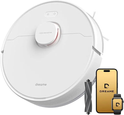White robot vacuum cleaner with accessories on a white background