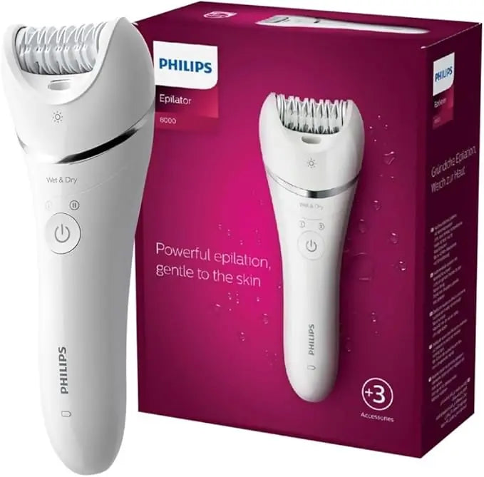 Philips epilator with packaging on a white background