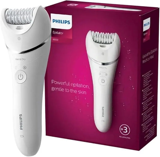 Philips epilator with packaging on a white background