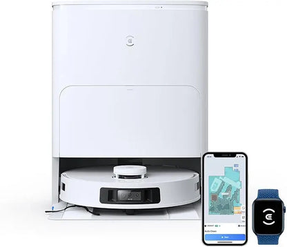 Robotic vacuum cleaner with smartphone app and smartwatch displaying app interface on a white background