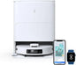 Robotic vacuum cleaner with smartphone app and smartwatch displaying app interface on a white background