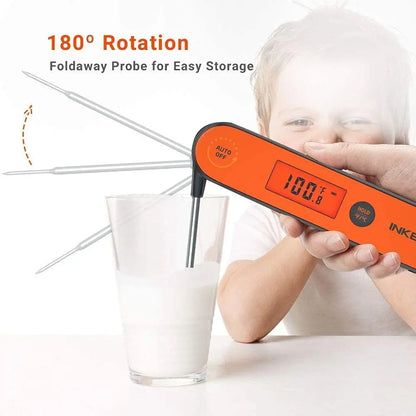 Infrared thermometer being used to measure the temperature of a glass of milk, with a child in the background.