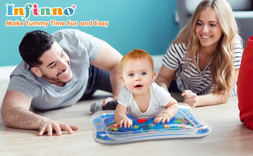 Family playing with a baby on a mat, with 'Infinino' branding in the corner.
