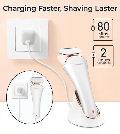 Electric shaver with charging cable, power outlet, and runtime information on a beige background.