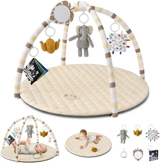 Baby play gym with hanging toys and a mat on a white background