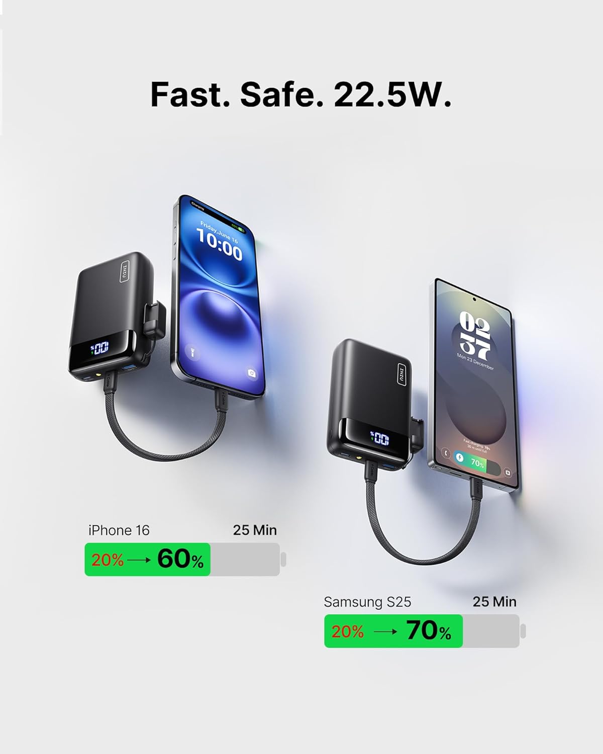 Two smartphones being charged with charging cables, showing charging progress on a white background.