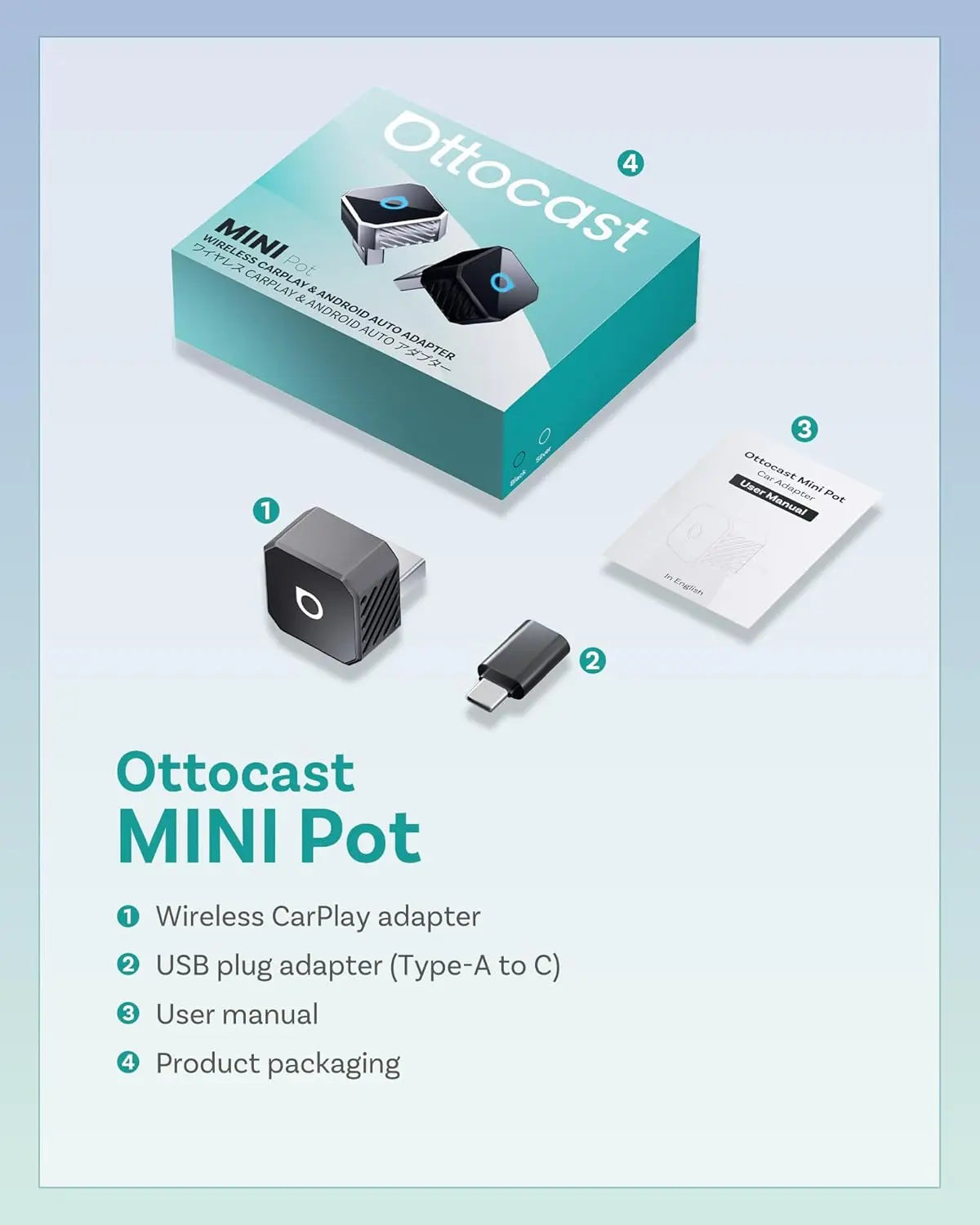 Ottocast MINI Pot with packaging, adapter, USB plug adapter, user manual on a light blue background