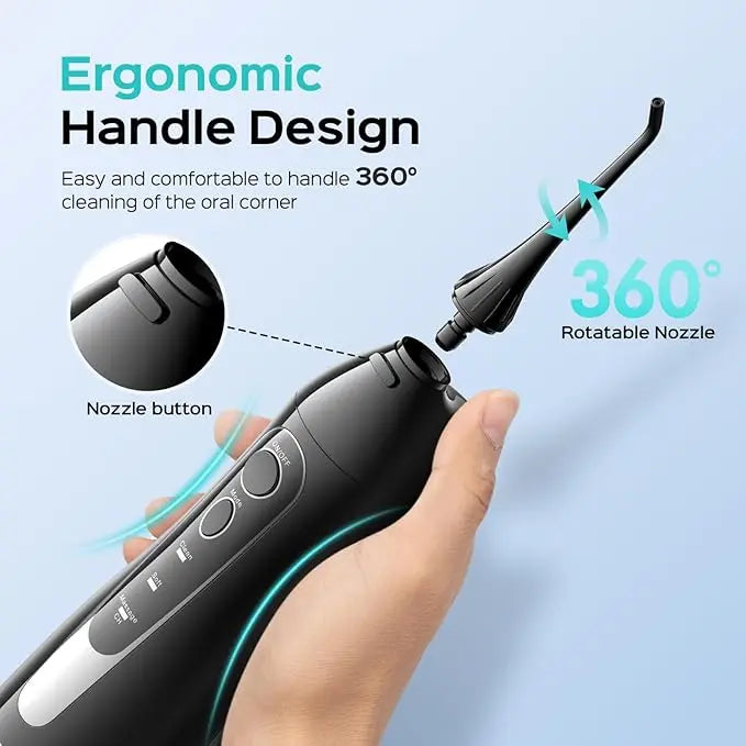 Ergonomic handle design of a dental tool with 360-degree rotation on a light blue background.