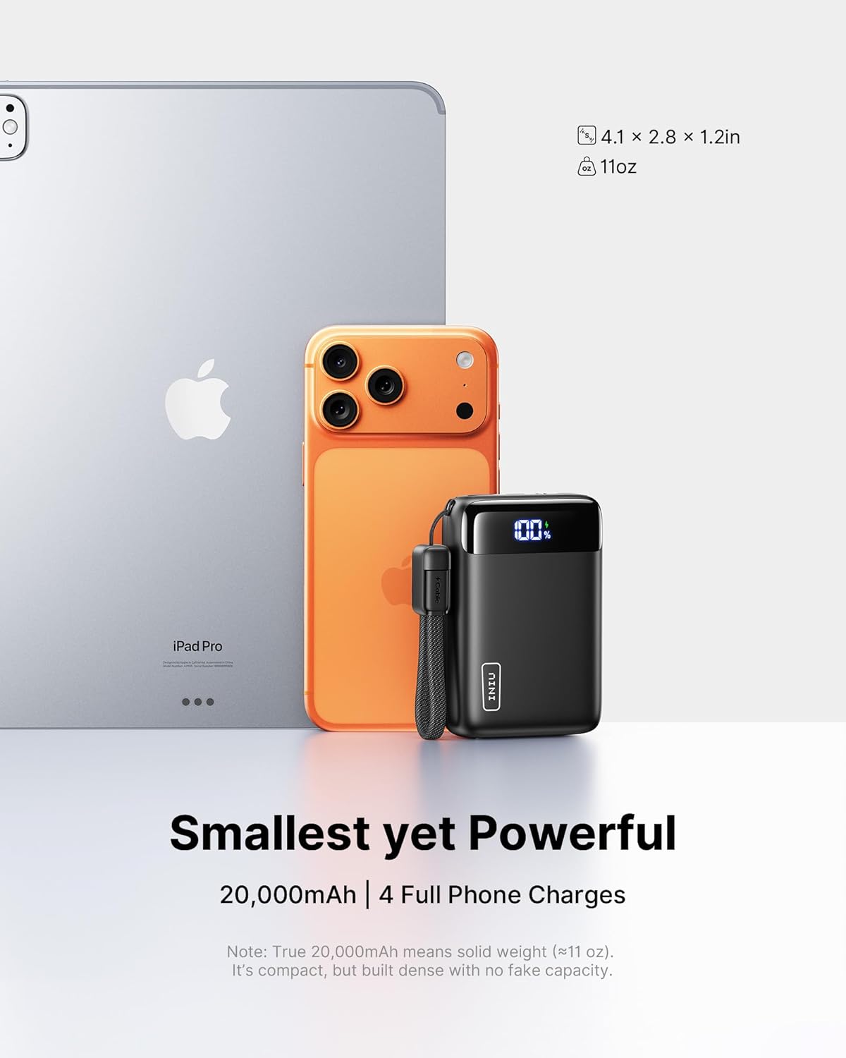 Power bank next to an orange phone and a laptop with text highlighting its features.