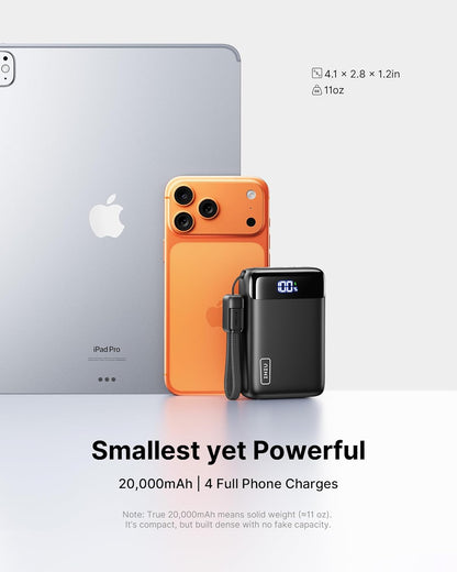 Power bank next to an orange phone and a laptop with text highlighting its features.