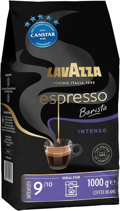 Lavazza Espresso Barista Intenso coffee beans packaging on a black background