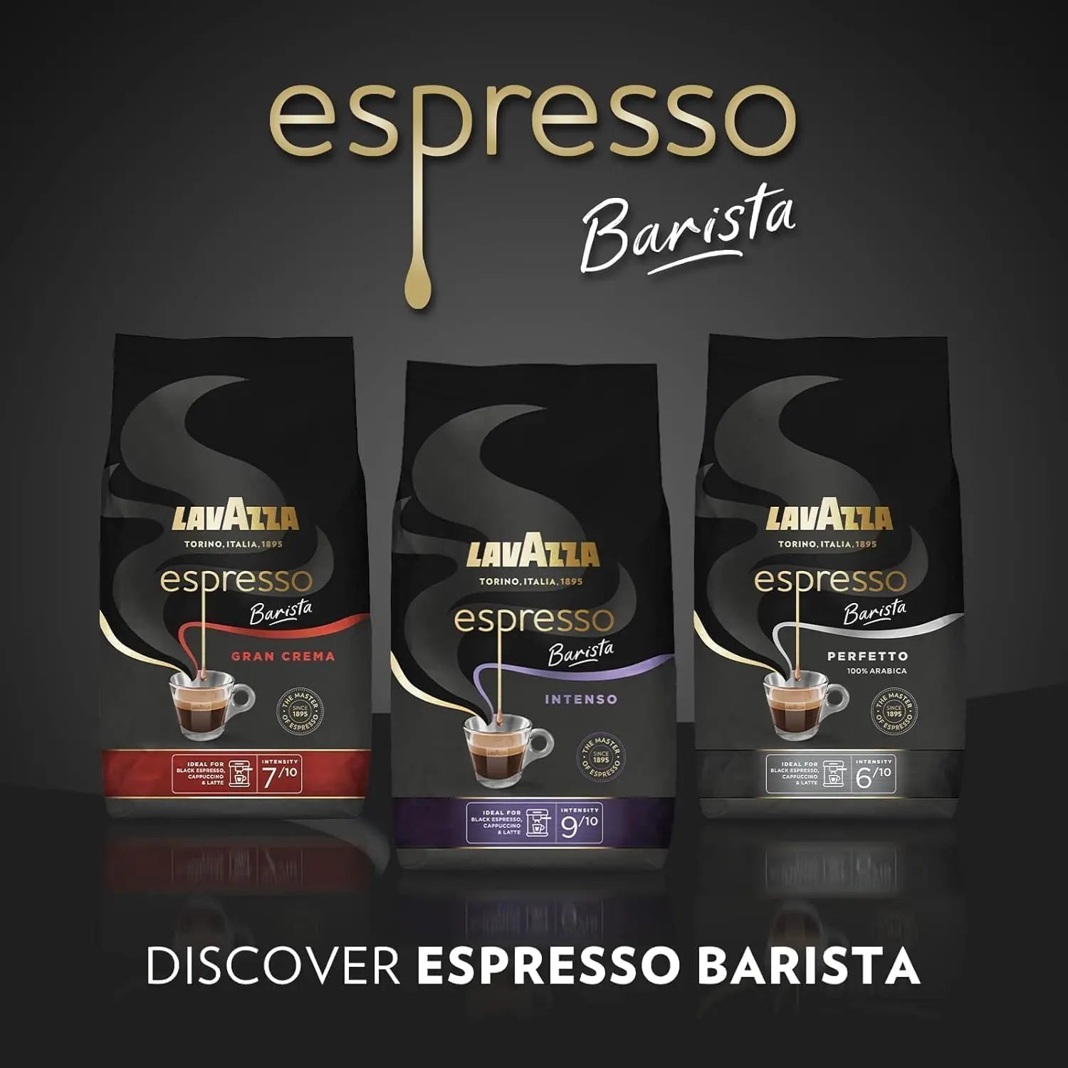 Three Lavazza Espresso Barista coffee bags on a dark background with the brand name displayed.