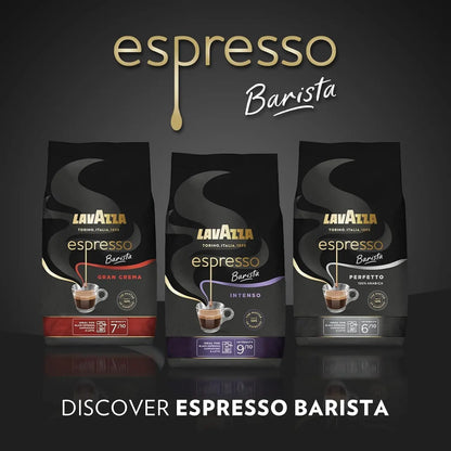 Three Lavazza Espresso Barista coffee bags on a dark background with the brand name displayed.