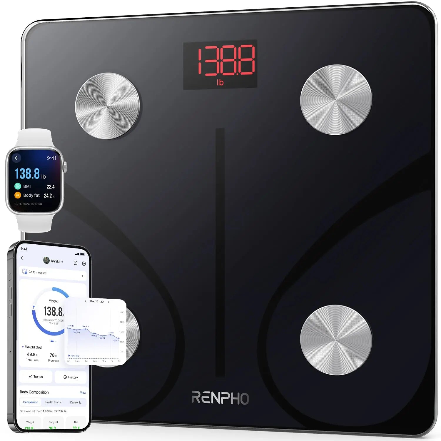 Black digital bathroom scale with smartphone app interface, smartwatch, and smartphone displaying health app on a white background.