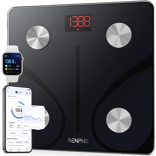 Black digital bathroom scale with smartphone app interface, smartwatch, and smartphone displaying health app on a white background.