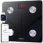 Black digital bathroom scale with smartphone app interface, smartwatch, and smartphone displaying health app on a white background.