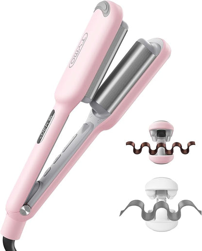 Pink and silver hair straightener with attachments on a white background