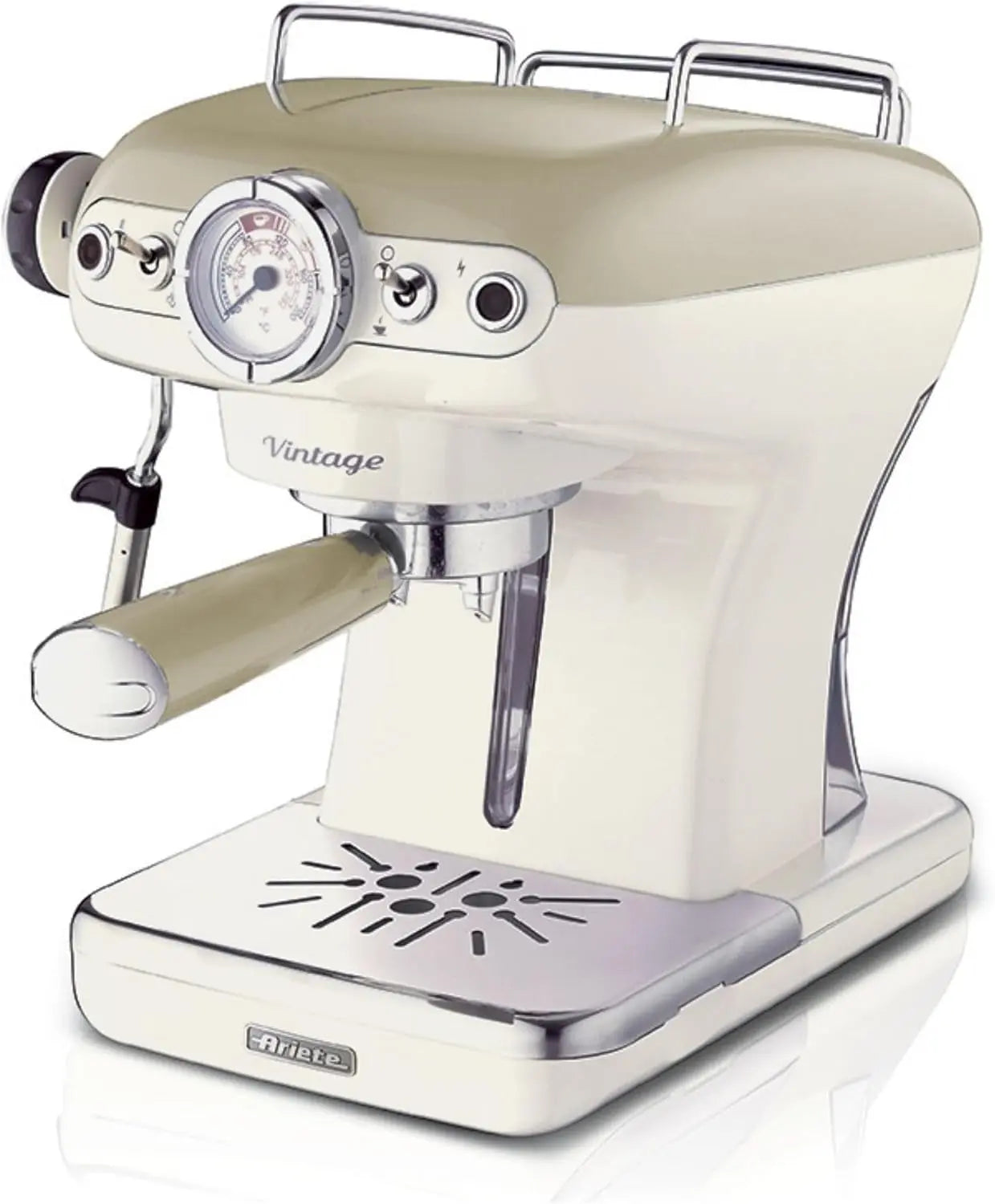 Vintage-style espresso machine with beige and silver design on a white background