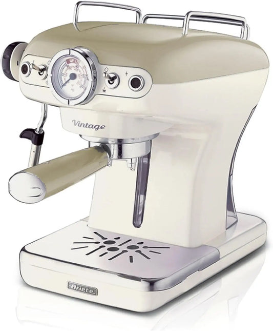 Vintage-style espresso machine with beige and silver design on a white background