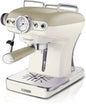 Vintage-style espresso machine with beige and silver design on a white background
