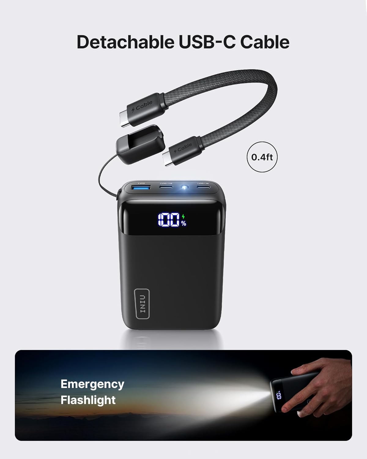 Black power bank with digital display and detachable USB-C cable, featuring an emergency flashlight function.