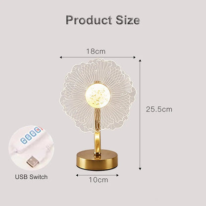 Table lamp with measurements and USB switch on a white background
