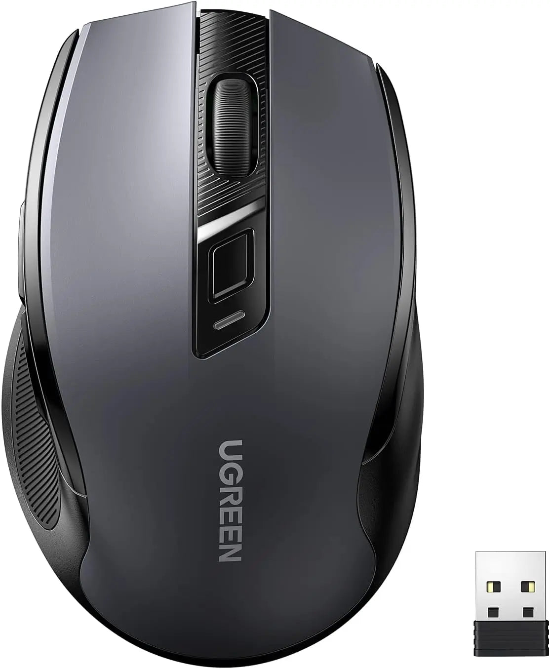 Black UGREEN computer mouse with USB receiver on a white background