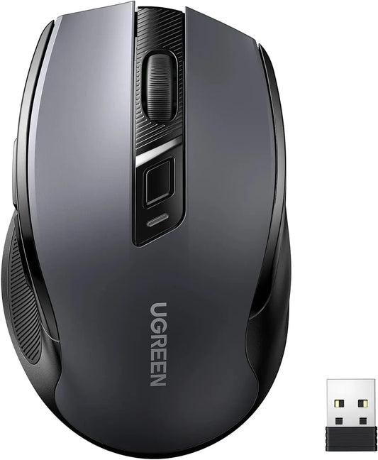 Black UGREEN computer mouse with USB receiver on a white background
