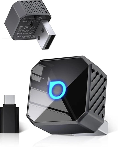 Electronic device with a blue light indicator on a white background