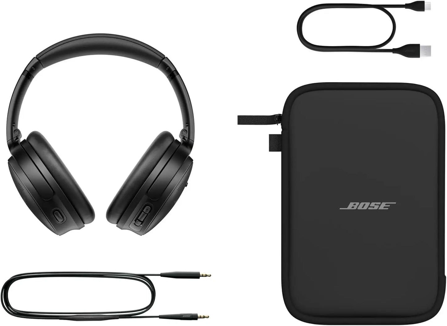 Bose headphones with carrying case and cables on a white background