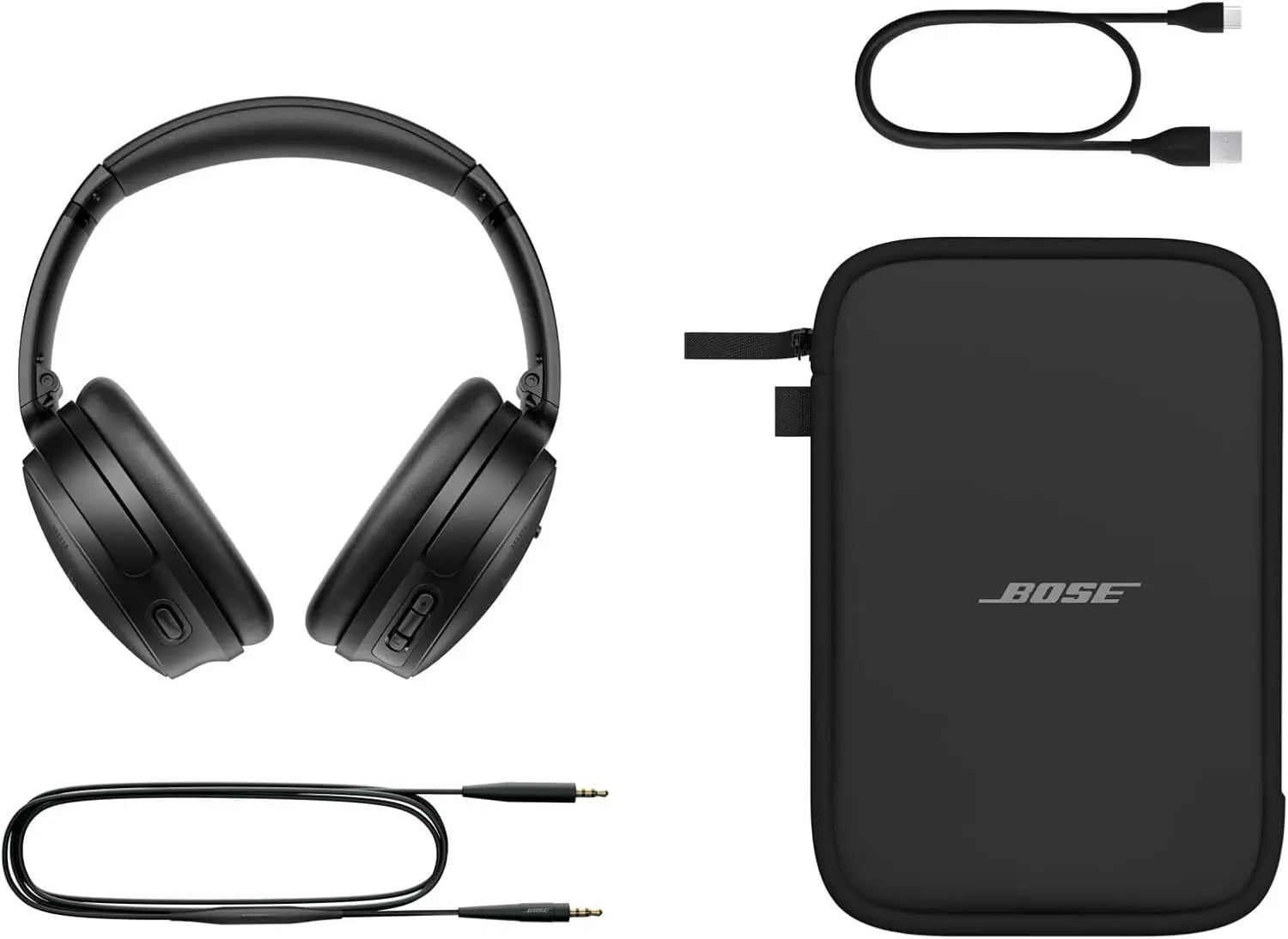 Bose headphones with carrying case and cables on a white background