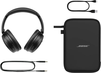 Bose headphones with carrying case and cables on a white background
