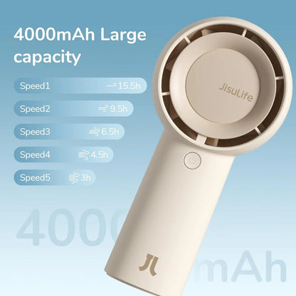 Handheld fan with JisuLife branding and battery capacity details on a blue background