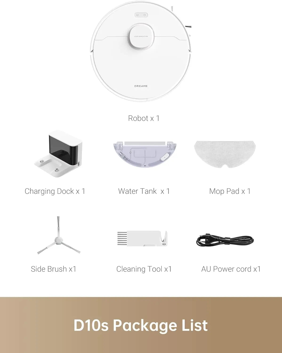 List of robotic cleaning device components with labels on a white background.