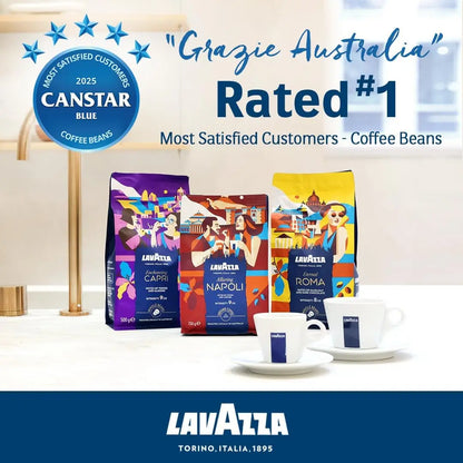Lavazza coffee bean packages with a cup and saucer on a white surface, featuring Canstar Blue award.