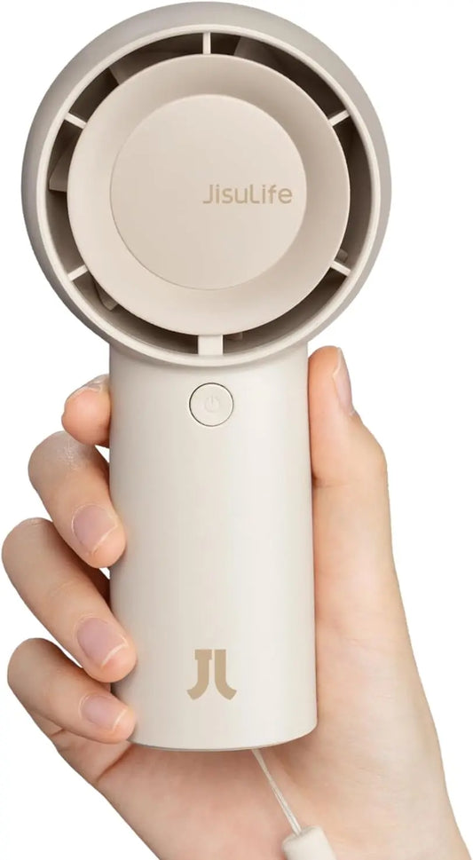 Handheld fan with 'Jisulife' branding held in a hand against a white background