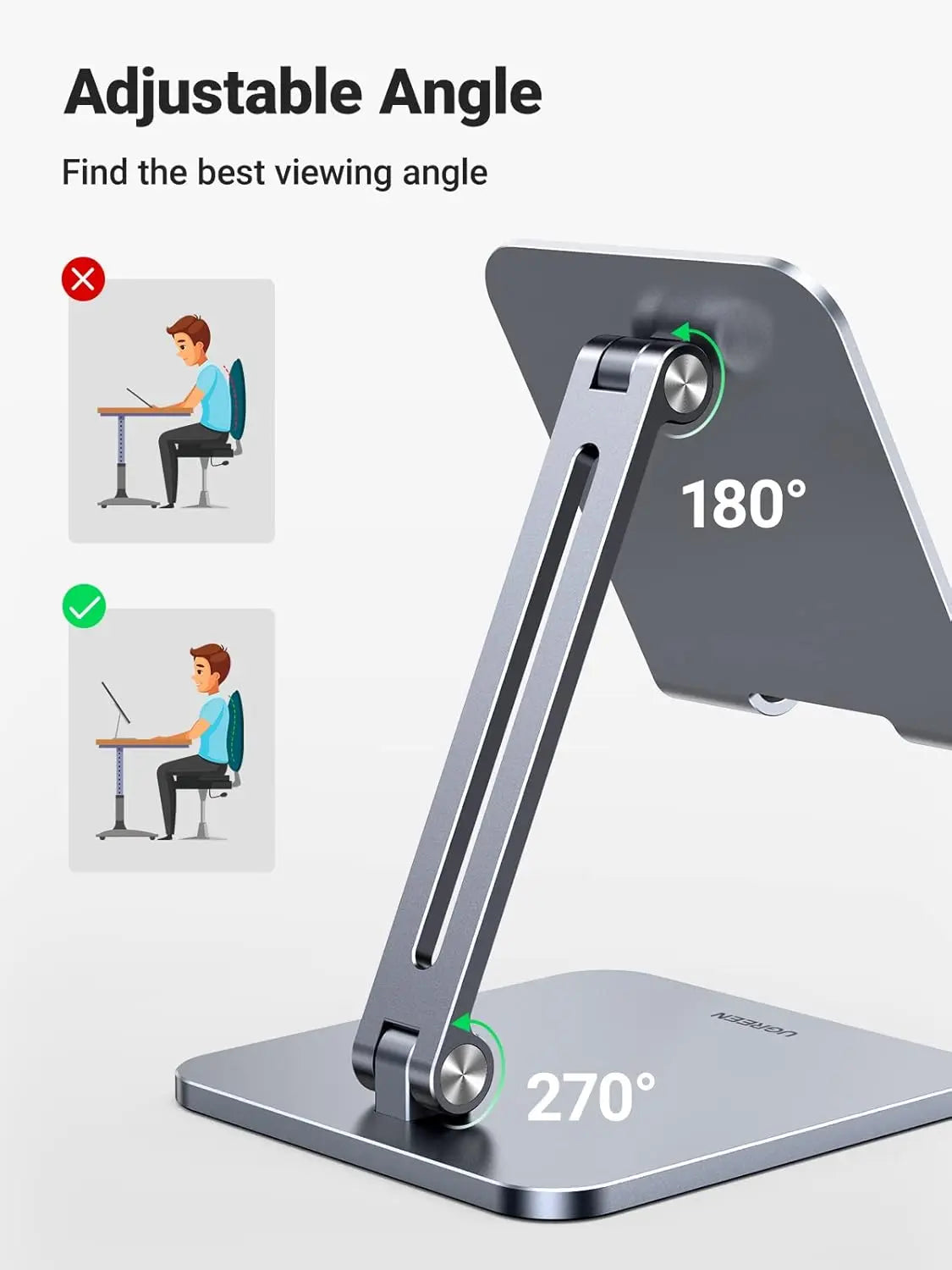 Adjustable phone stand with 180° and 270° angle indicators on a white background
