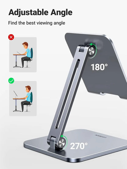 Adjustable phone stand with 180° and 270° angle indicators on a white background