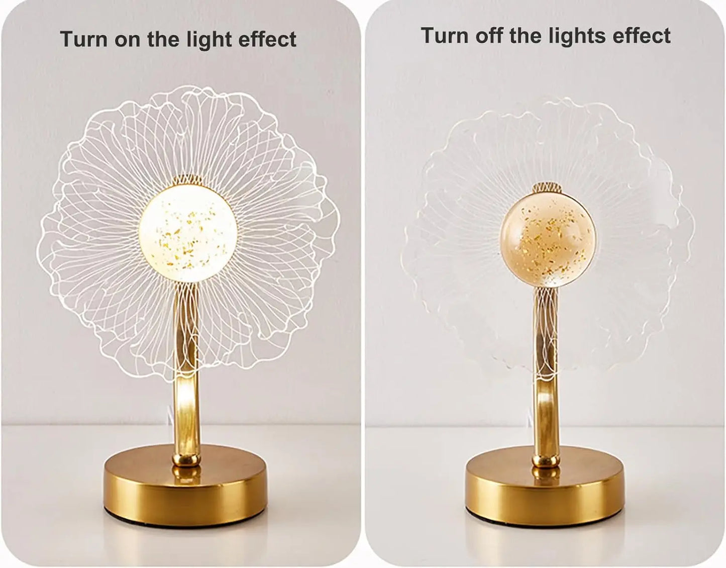 Two views of a decorative lamp with light effect on and off.