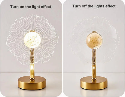 Two views of a decorative lamp with light effect on and off.
