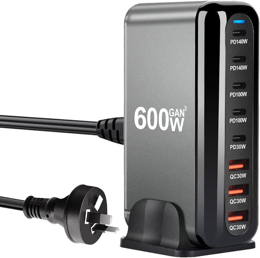 600W GaN USB-C Charging Station – 8-Port (5x USB-C + 3x USB-A) PD 3.1 140W