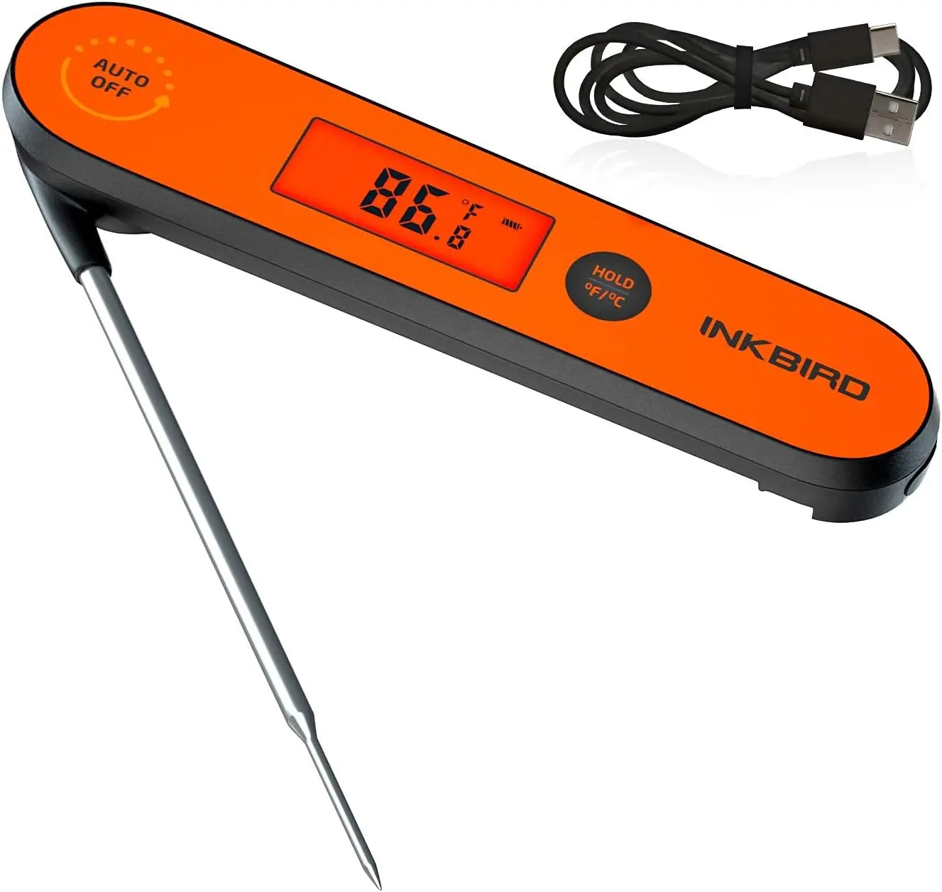 Digital thermometer with USB cable on a white background, featuring the brand 'INKBIRD'.