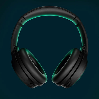 Black headphones with green lighting on a dark background