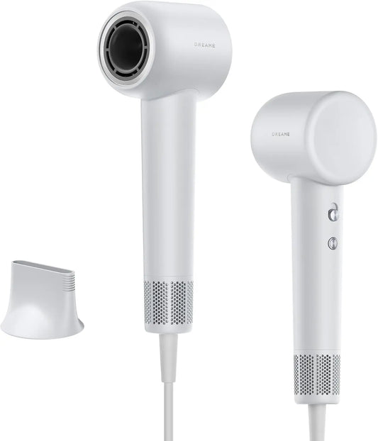 White hair dryer with attachments on a white background